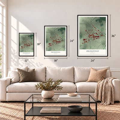 Orangeville, Maryland map in 12 x 18, 18 x 24 and 24 x 36 inch sizes above a sofa