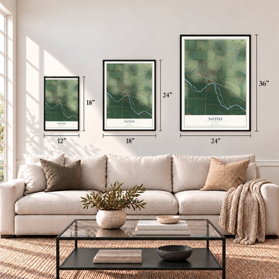 Notus, Idaho map in 12 x 18, 18 x 24 and 24 x 36 inch sizes above a sofa