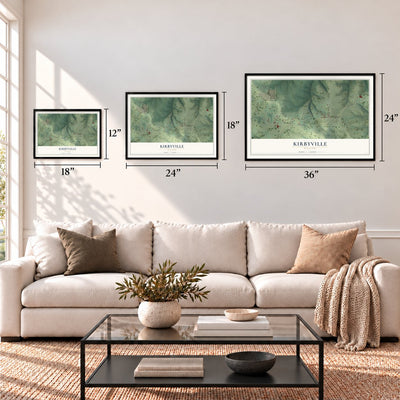 Kirbyville, Missouri map in 12 x 18, 18 x 24 and 24 x 36 inch sizes above a sofa