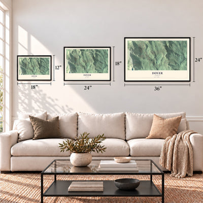 Dover, Vermont map in 12 x 18, 18 x 24 and 24 x 36 inch sizes above a sofa