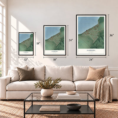 Samburg, Tennessee map in 12 x 18, 18 x 24 and 24 x 36 inch sizes above a sofa