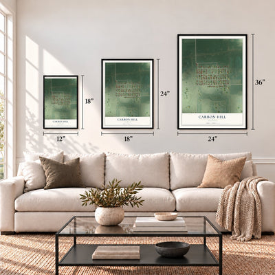 Carbon Hill, Illinois map in 12 x 18, 18 x 24 and 24 x 36 inch sizes above a sofa