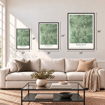White Bluff, Tennessee map in 12 x 18, 18 x 24 and 24 x 36 inch sizes above a sofa