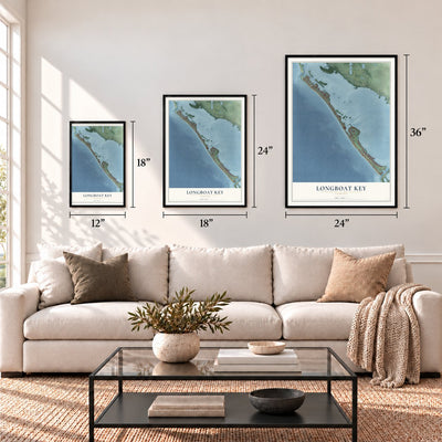 Longboat Key, Florida map in 12 x 18, 18 x 24 and 24 x 36 inch sizes above a sofa