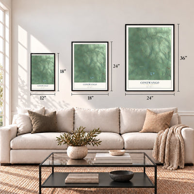 Conewango, New York map in 12 x 18, 18 x 24 and 24 x 36 inch sizes above a sofa