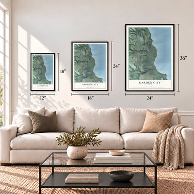 Garden City, Utah map in 12 x 18, 18 x 24 and 24 x 36 inch sizes above a sofa