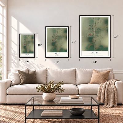 Malta, Idaho map in 12 x 18, 18 x 24 and 24 x 36 inch sizes above a sofa