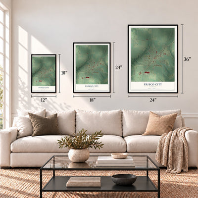 Frisco City, Alabama map in 12 x 18, 18 x 24 and 24 x 36 inch sizes above a sofa