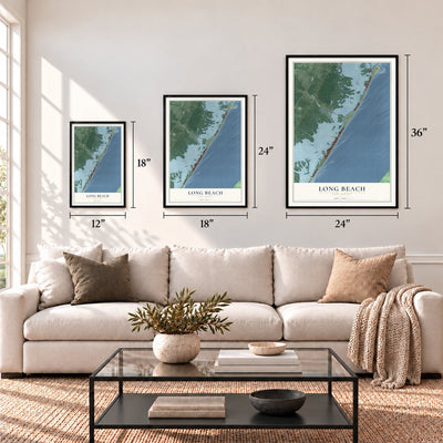 Long Beach, New Jersey map in 12 x 18, 18 x 24 and 24 x 36 inch sizes above a sofa