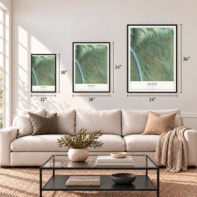Gratz, Kentucky map in 12 x 18, 18 x 24 and 24 x 36 inch sizes above a sofa