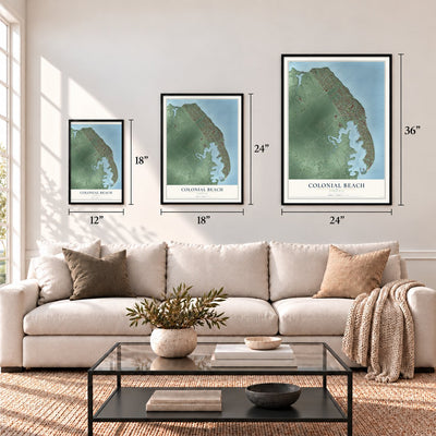 Colonial Beach, Virginia map in 12 x 18, 18 x 24 and 24 x 36 inch sizes above a sofa