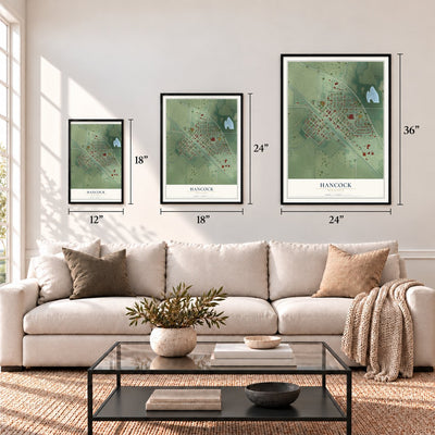 Hancock, Minnesota map in 12 x 18, 18 x 24 and 24 x 36 inch sizes above a sofa