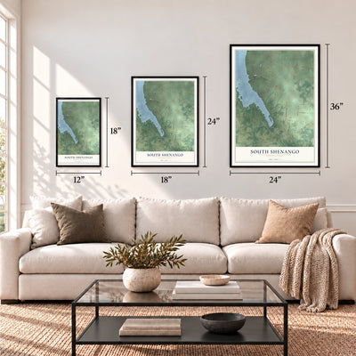South Shenango, Pennsylvania map in 12 x 18, 18 x 24 and 24 x 36 inch sizes above a sofa