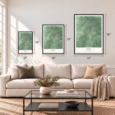 Troy, North Carolina map in 12 x 18, 18 x 24 and 24 x 36 inch sizes above a sofa