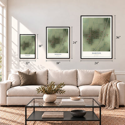 Marston, Missouri map in 12 x 18, 18 x 24 and 24 x 36 inch sizes above a sofa