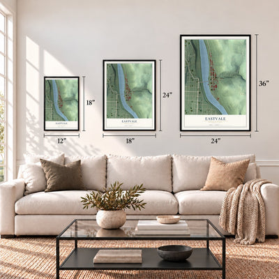 Eastvale, Pennsylvania map in 12 x 18, 18 x 24 and 24 x 36 inch sizes above a sofa