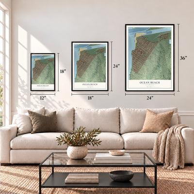 Ocean Beach, California map in 12 x 18, 18 x 24 and 24 x 36 inch sizes above a sofa