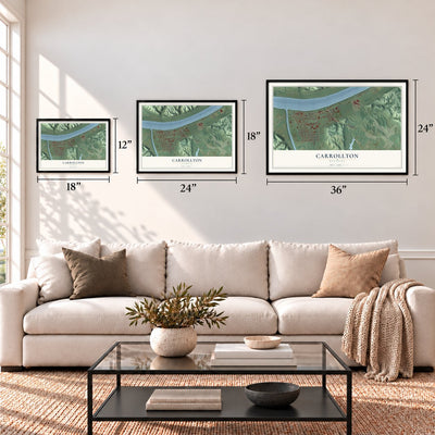 Carrollton, Kentucky map in 12 x 18, 18 x 24 and 24 x 36 inch sizes above a sofa