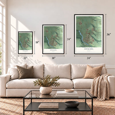 Estacada, Oregon map in 12 x 18, 18 x 24 and 24 x 36 inch sizes above a sofa