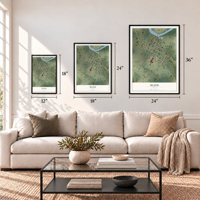 Blum, Texas map in 12 x 18, 18 x 24 and 24 x 36 inch sizes above a sofa