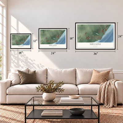 New Castle, Delaware map in 12 x 18, 18 x 24 and 24 x 36 inch sizes above a sofa
