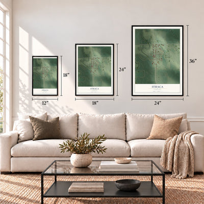 Ithaca, Nebraska map in 12 x 18, 18 x 24 and 24 x 36 inch sizes above a sofa