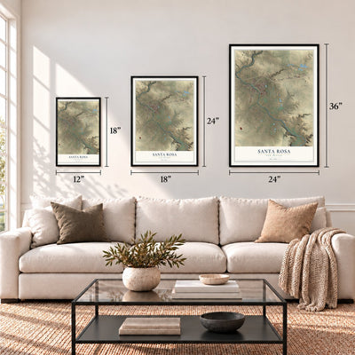 Santa Rosa, New Mexico map in 12 x 18, 18 x 24 and 24 x 36 inch sizes above a sofa