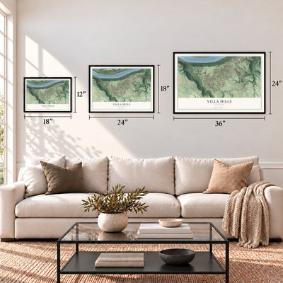 Villa Hills, Kentucky map in 12 x 18, 18 x 24 and 24 x 36 inch sizes above a sofa