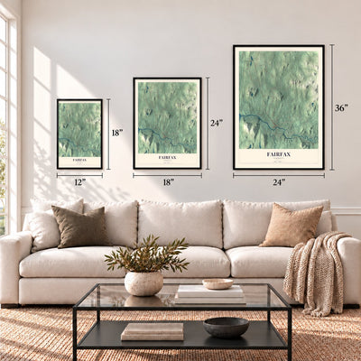 Fairfax, Vermont map in 12 x 18, 18 x 24 and 24 x 36 inch sizes above a sofa