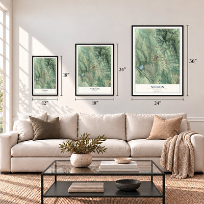 Nelson, Georgia map in 12 x 18, 18 x 24 and 24 x 36 inch sizes above a sofa
