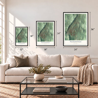 Pleasantville, New York map in 12 x 18, 18 x 24 and 24 x 36 inch sizes above a sofa