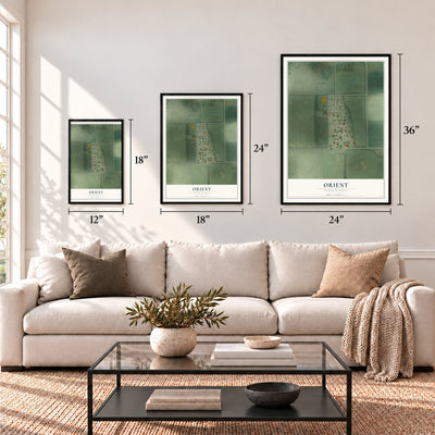 Orient, South Dakota map in 12 x 18, 18 x 24 and 24 x 36 inch sizes above a sofa
