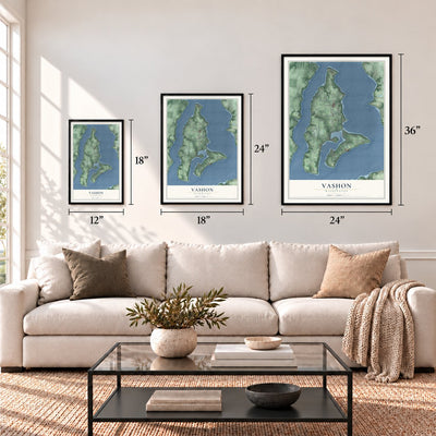 Vashon, Washington map in 12 x 18, 18 x 24 and 24 x 36 inch sizes above a sofa