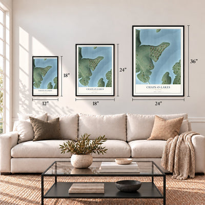 Chain-O-Lakes, Missouri map in 12 x 18, 18 x 24 and 24 x 36 inch sizes above a sofa