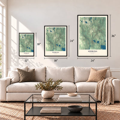 Sterling, Massachusetts map in 12 x 18, 18 x 24 and 24 x 36 inch sizes above a sofa