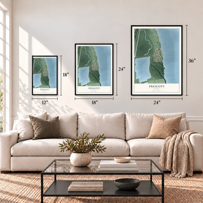 Prescott, Oregon map in 12 x 18, 18 x 24 and 24 x 36 inch sizes above a sofa