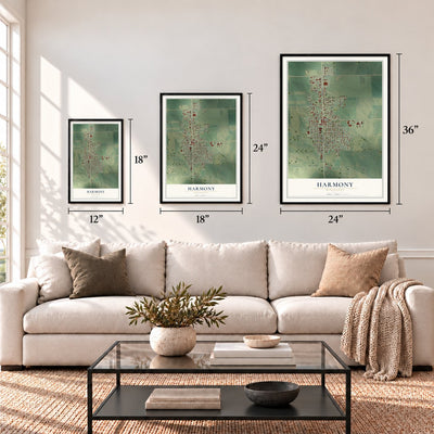 Harmony, Minnesota map in 12 x 18, 18 x 24 and 24 x 36 inch sizes above a sofa