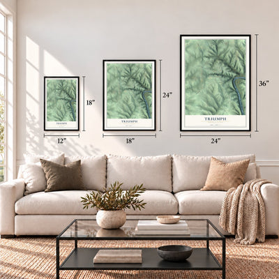 Triumph, Pennsylvania map in 12 x 18, 18 x 24 and 24 x 36 inch sizes above a sofa