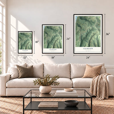 Clearview, West Virginia map in 12 x 18, 18 x 24 and 24 x 36 inch sizes above a sofa