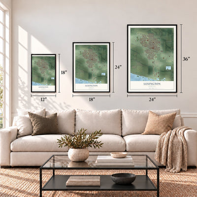 Lexington, Nebraska map in 12 x 18, 18 x 24 and 24 x 36 inch sizes above a sofa