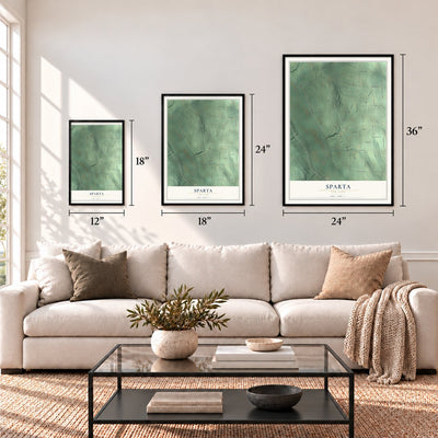 Sparta, New York map in 12 x 18, 18 x 24 and 24 x 36 inch sizes above a sofa