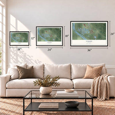 Valley, Nebraska map in 12 x 18, 18 x 24 and 24 x 36 inch sizes above a sofa