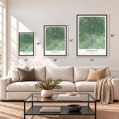Charleston, Michigan map in 12 x 18, 18 x 24 and 24 x 36 inch sizes above a sofa