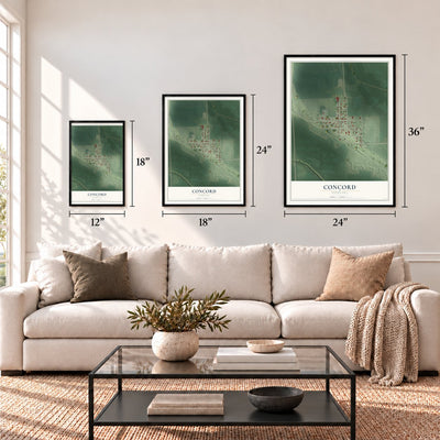 Concord, Nebraska map in 12 x 18, 18 x 24 and 24 x 36 inch sizes above a sofa