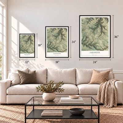 Lafayette, Pennsylvania map in 12 x 18, 18 x 24 and 24 x 36 inch sizes above a sofa
