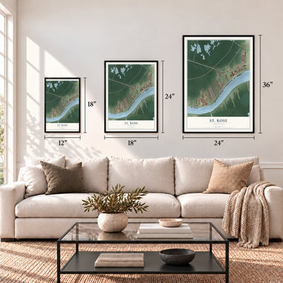 St. Rose, Louisiana map in 12 x 18, 18 x 24 and 24 x 36 inch sizes above a sofa