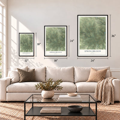 Spring Branch, Texas map in 12 x 18, 18 x 24 and 24 x 36 inch sizes above a sofa