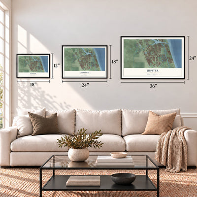 Jupiter, Florida map in 12 x 18, 18 x 24 and 24 x 36 inch sizes above a sofa