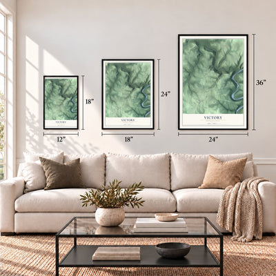 Victory, Pennsylvania map in 12 x 18, 18 x 24 and 24 x 36 inch sizes above a sofa