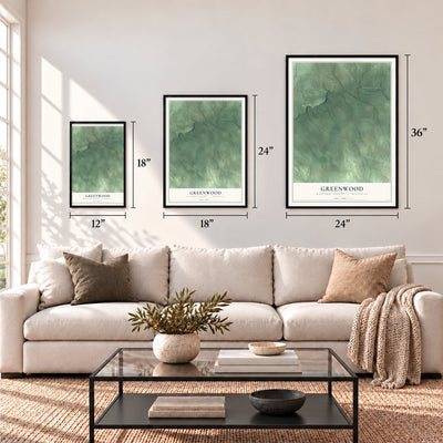 Greenwood, Wexford County, Michigan map in 12 x 18, 18 x 24 and 24 x 36 inch sizes above a sofa